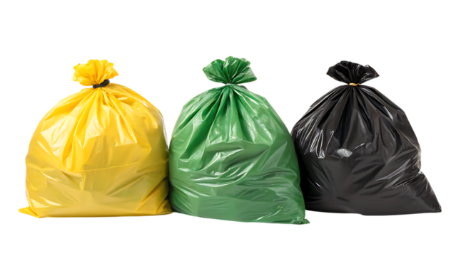 Colorful garbage bags: yellow, green, and black trash bags on transparent background