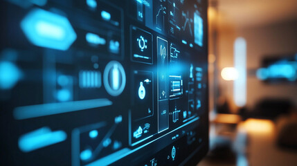 close-up of smart home control panel adjusting LED room lighting, clean futuristic interface