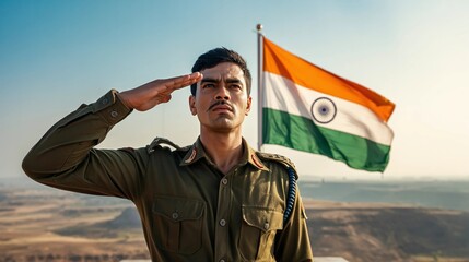 Indian Army soldier saluting the flag with a proud expression backdrop of hills, freedom, government, india, one person, photography, pride, protection, teenager
