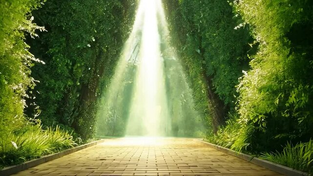 Sunlit path through lush green trees
