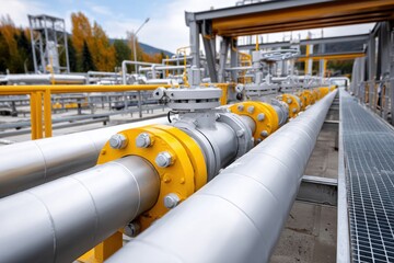Naklejka premium A yellow and silver pipe with a yellow valve on it