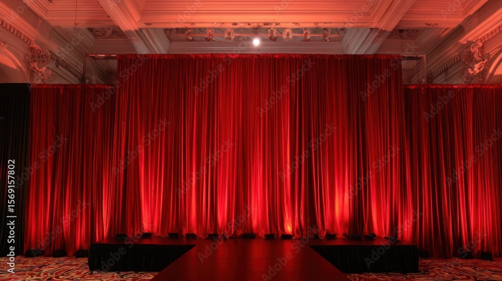 Poster opulent ruby curtains crafted from lush velvet serve as a stunning backdrop for stage presentations 