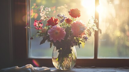 Fresh flowers in vase catching first morning light.