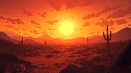 Sunset over the desert with cacti silhouetted.