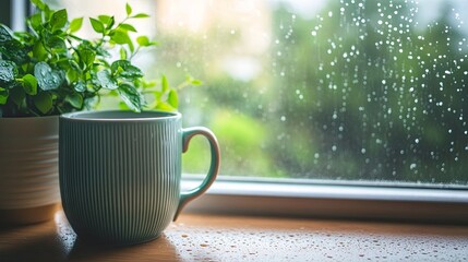 Cozy mug on windowsill with raindrops outside.
