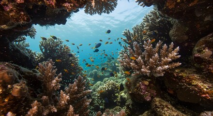 Obraz premium Vibrant Coral Reef Ecosystem with Tropical Fish in Clear Ocean Water from Underwater Cave View