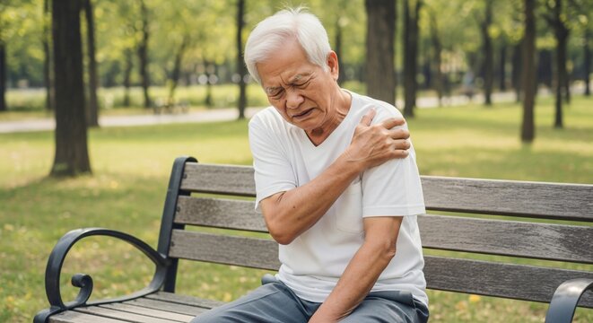 Shoulder Pain Experienced by Elderly Man Sitting on Park Bench Holding Shoulder With Grimace