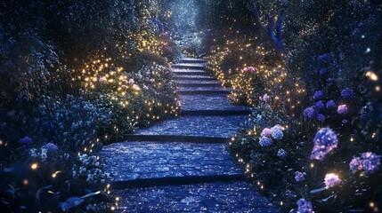 Magical garden path lit by tiny lights and moonlight.
