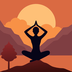 Silhouette of a woman in a yoga or meditation pose on the beach at sunset, emphasizing peace, relaxation, and fitness