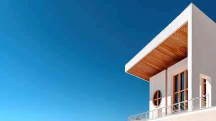 Modern white building corner with wooden ceiling and circular window against clear blue sky.