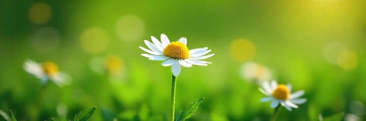 Fototapeta premium Delicate Chamomile Blossoms Emerging in Spring Vibrant Yellow Petals, Tranquil Green Foliage, New Beginnings