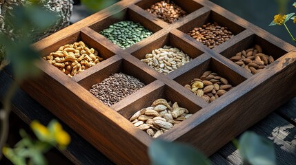 organic seeds and nuts in a wooden container.