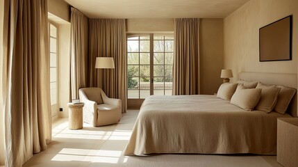 Stylish bedroom with neutral bedding and minimalist furniture.