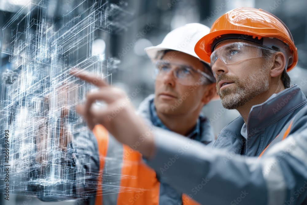 Poster two men in orange safety vests are looking at a computer screen with a 3d image