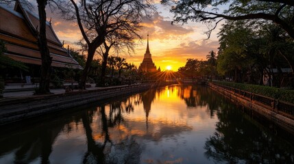 Fototapeta premium Sunset reflections over water wat arun temple landscape photography bangkok tranquil environment scenic view