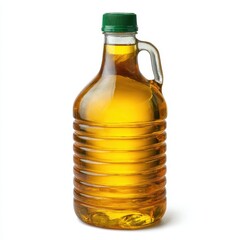 Large clear glass bottle filled with golden olive oil and a green cap isolated on white background