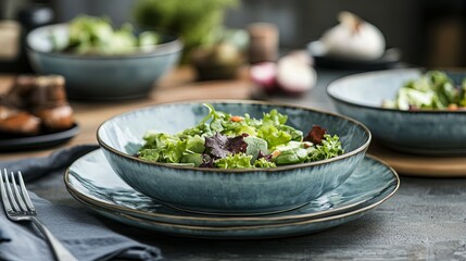 ceramic plates with freshly prepared salad on the table.