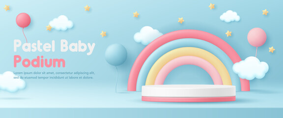 3D pastel baby podium stand with cute rainbow, balloon in blue background. Banner for children clothes toy shop, fashion discount promotion sale advertising, online store, kids product display, social