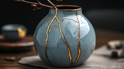 Japanese Kintsugi pottery art with gold repair lines on a ceramic piece.