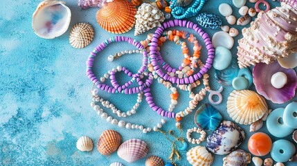 Colorful summer bracelets and shell necklaces flat lay.