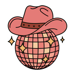 Disco ball with cowboy and cowgirl hats in western style, illuminated by shiny lights, for a retro party or country music festival, or a wild west themed event.