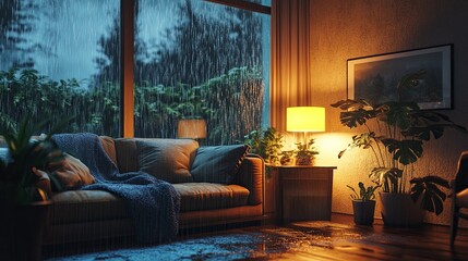 Cozy living room with dim lights, rain tapping on glass.