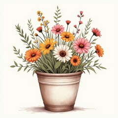 hand sketched of a flower pot filled wildflowers
