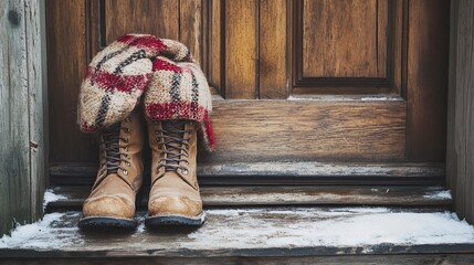 Winter boots and scarf by the door.