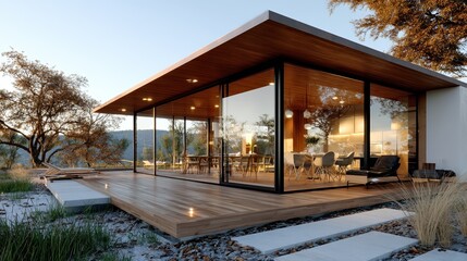 Fototapeta premium Modern glass house with wooden deck surrounded by nature, featuring outdoor seating and minimalist interior design.