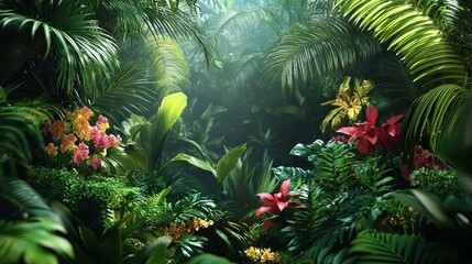 tropical rainforest with vibrant greenery and flowers.