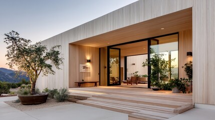Modern wooden house with large glass doors opens to a serene outdoor space featuring a tree in a planter and minimalistic decor.