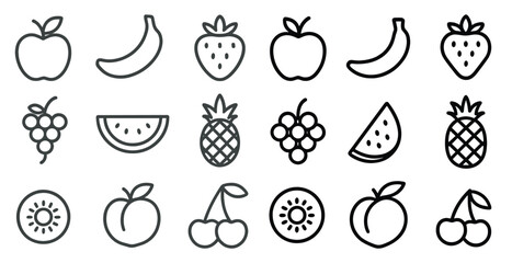 Collection of fruit icons in black and white. The fruit icons include apples, bananas, strawberries, and watermelons