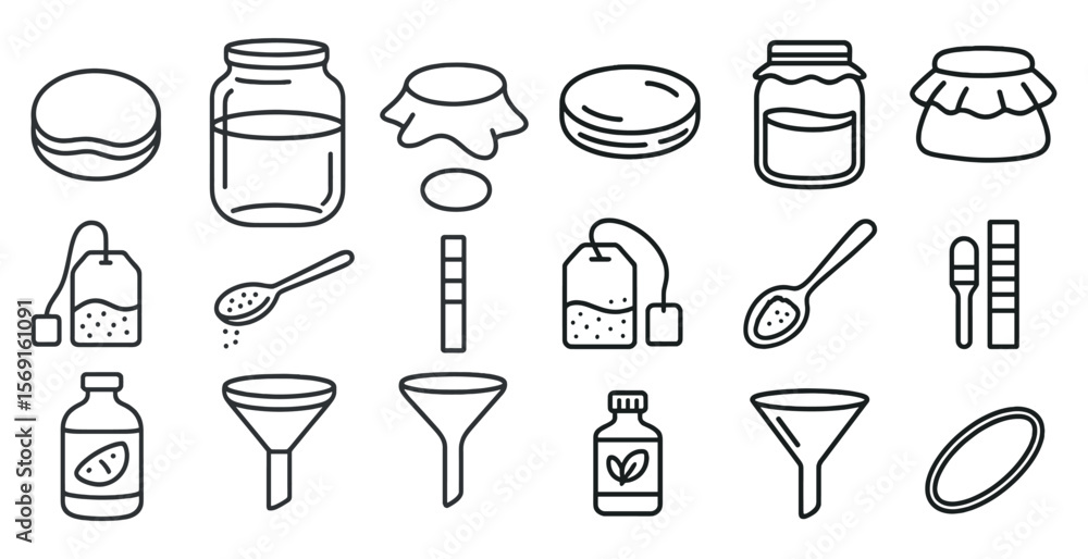 Poster series of jars and spoons with a tea bag in the middle. the jars are lined up in a row, with some co