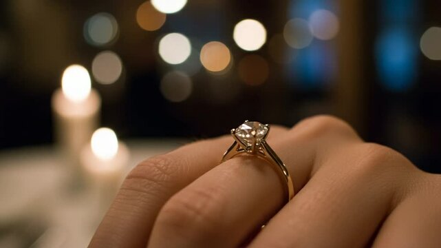 Close-up of an engagement ring on a hand at dinner