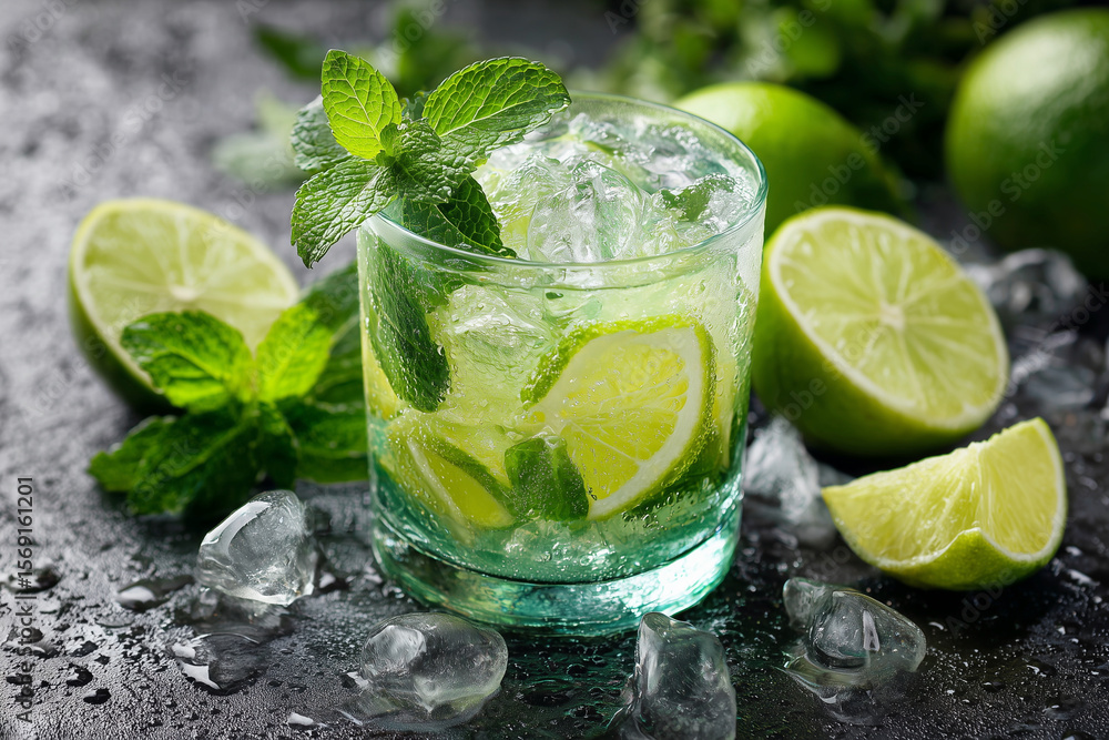Poster a glass of limeade with a few slices of lime on the table