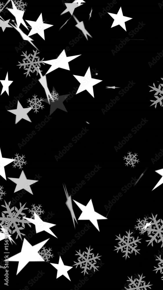 Poster digital animation of multiple stars and snowflakes icons floating against red background