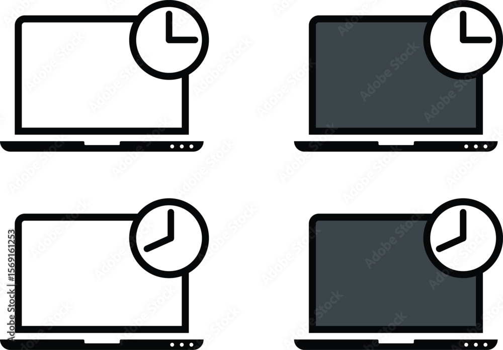 Fototapete four different types of laptops with clock and time. online time icon. isolated on white background.