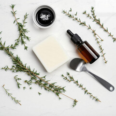 A flat lay arrangement of skincare and wellness items including a glass dropper bottle, a sponge, a spoon, a bar of soap, a small jar of cream, and sprigs of green herbs on a white background