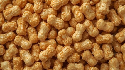 Texture of golden peanut shaped dog treats close up background