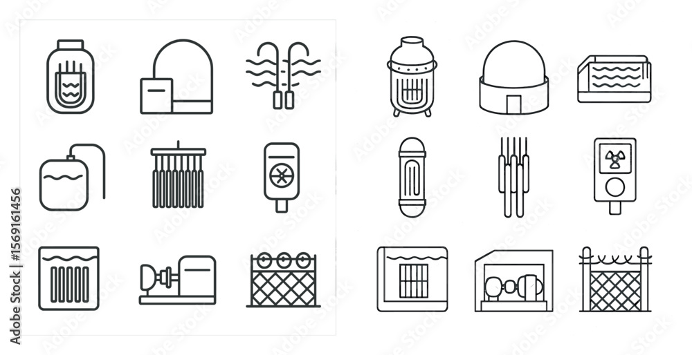 Poster the image is a collection of various objects and symbols, including a water heater, a fish, a pool, 