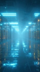 Obraz premium A moody ambiance fills a futuristic server room awash in vibrant blue neon lighting featuring a systematic array of servers with detailed wiring symbolizing the heart of technological