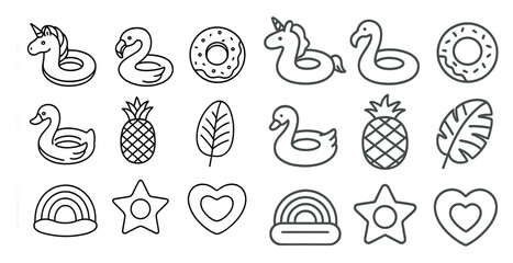 Collection of cartoon images of various shapes and sizes, including a unicorn, a pineapple, a donut, and a heart