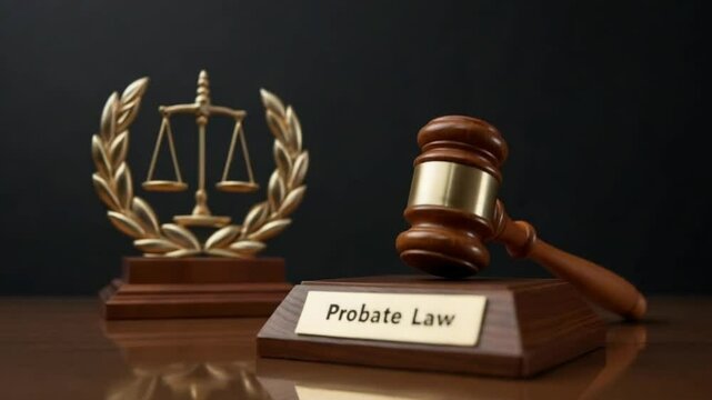 Wooden gavel and probate law sign on a table.