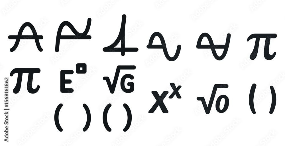 Poster series of mathematical symbols are displayed in black on a white background. the symbols include pi,