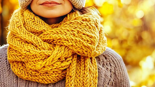 Close-up of a warm yellow knitted scarf worn around a person's neck, with a blurry background of autumn leaves