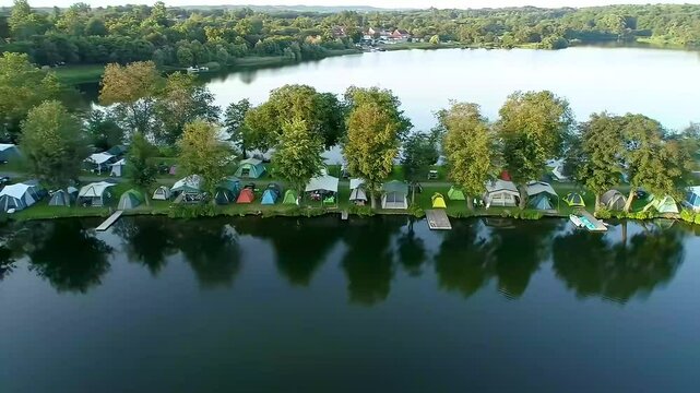 Aerial view of a lakeside camping site with several tents along the shore. Trees surround the area, reflecting in the calm water.