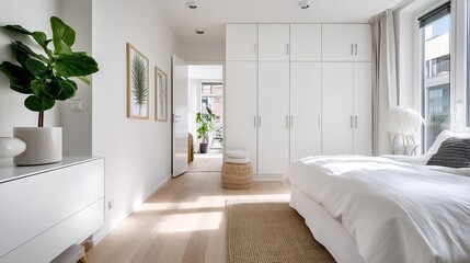 Bright, minimalist bedroom with white furniture, large windows, indoor plants, and natural light creating a cozy, modern, and airy atmosphere.