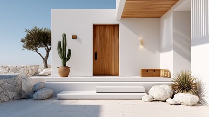 Modern minimalist white house entrance with wooden door, desert plants, stone walls, and clean outdoor steps under bright sunlight.