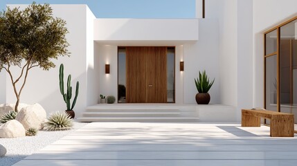 Modern white minimalist house entrance with wooden door, desert plants, and natural stone decor under clear blue sky.