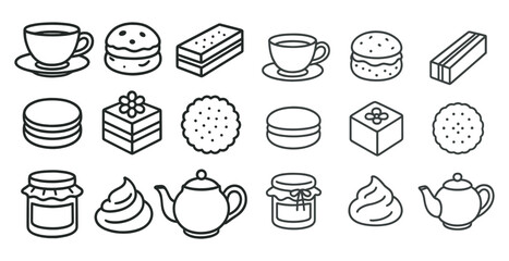 Collection of food items and a cup. The food items include pastries, cakes, and sandwiches. The cup is placed on a saucer